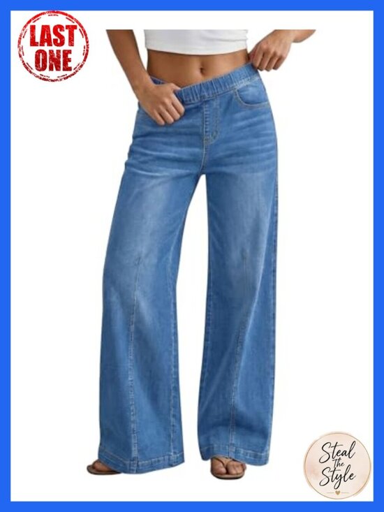 Denim - Wide Leg Jeans High Rise Pull On Elastic Waist Denim Pants Tummy Control 30"